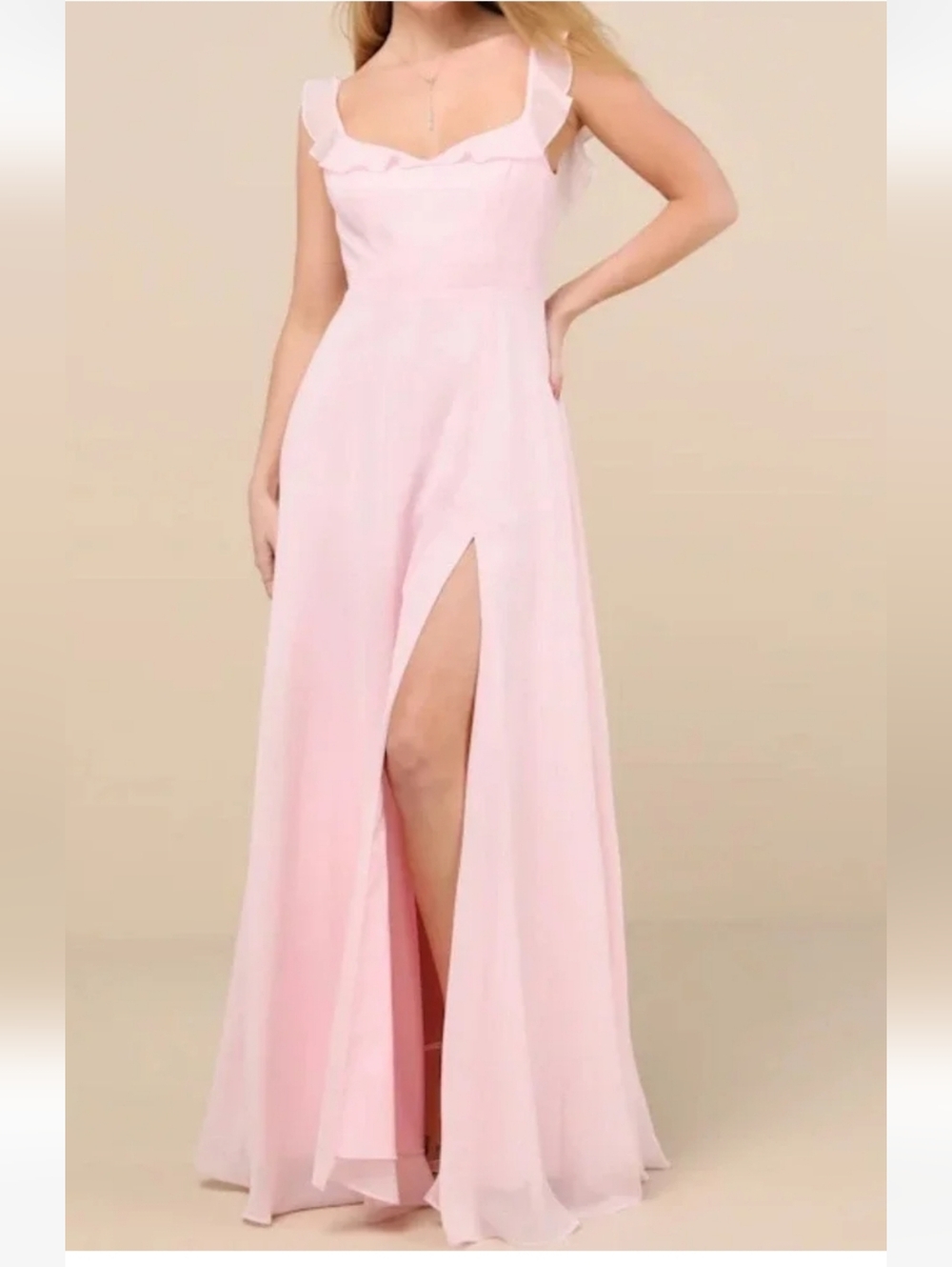Lulu's Dreamy Admiration Pink Ruffle-Square Neck Maxi Gown w/ High Slit Size XL